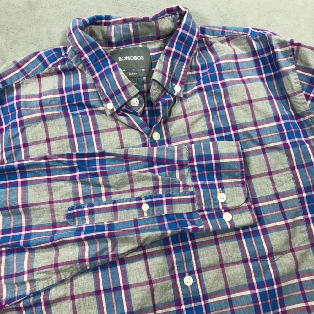 Bonobos Shirt Men's Large Purple Gray Blue Plaid Long Sleeve Button Down Slim